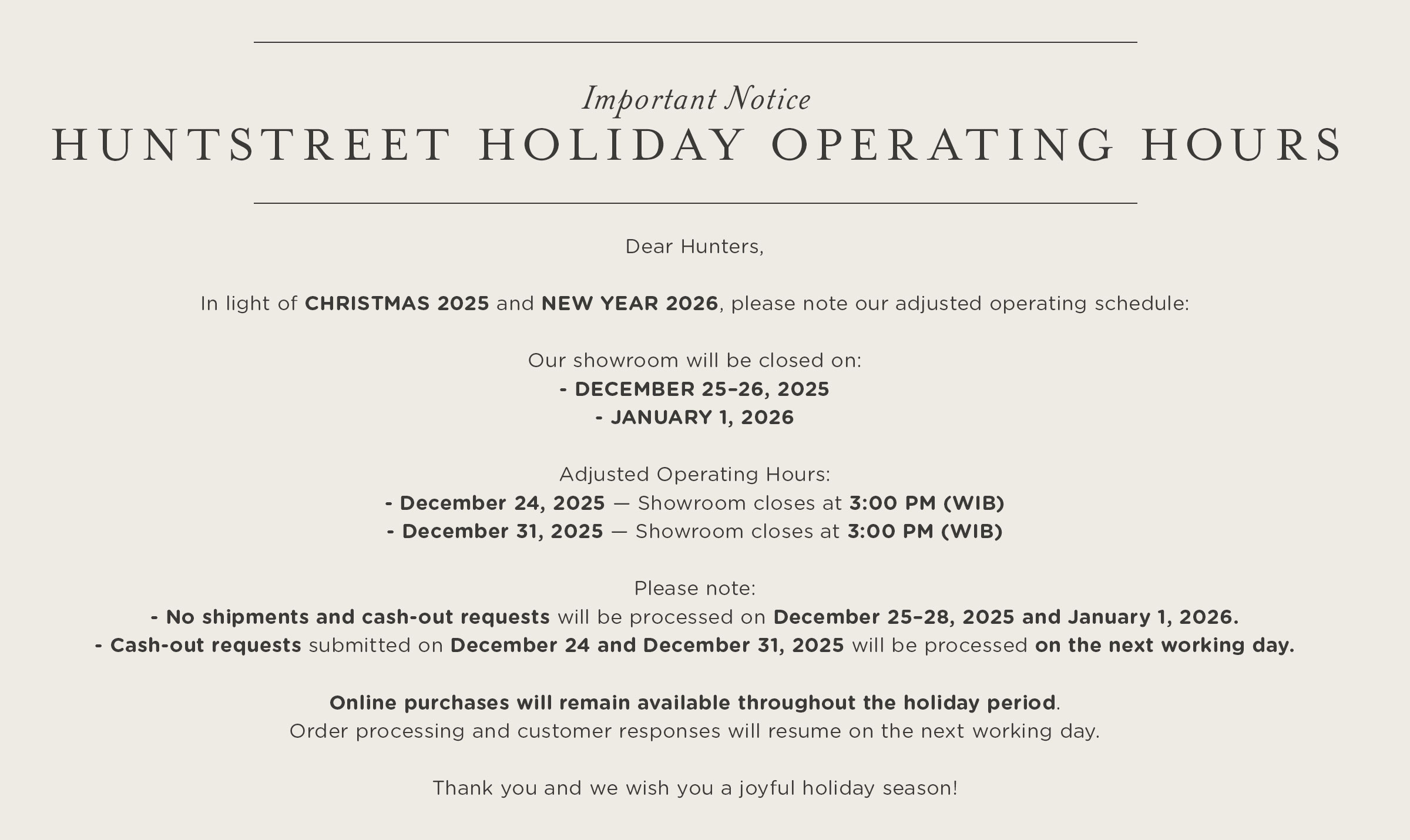 HuntStreet Holiday Operating Hours 