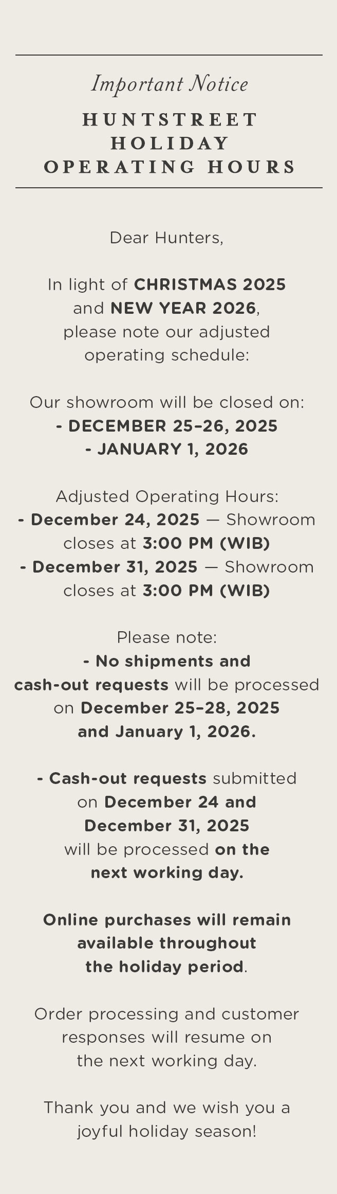 HuntStreet Holiday Operating Hours 