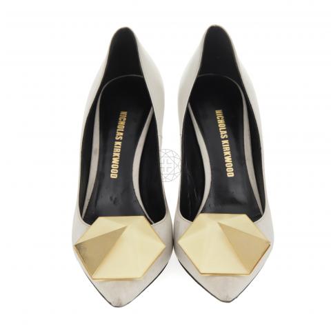 Nicholas Kirkwood White Leather Hexagon Pointed Toe Pumps Size