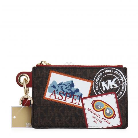 Sell Michael Kors Small Aspen Card Case Duo - Dark Brown/Red |  