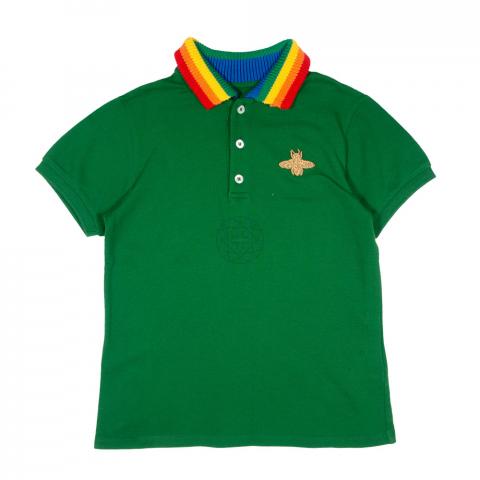 Sell Gucci Green bee-embroidery polo shirt with rainbow ribbed