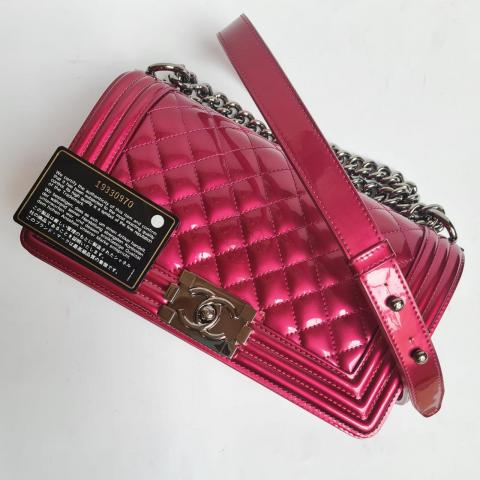 Sell Chanel Patent Metallic Quilted Old Medium Boy Bag - Pink