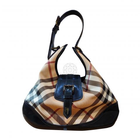 Sell Burberry Patent-Trim Nova Brooke Hobo Bag - Blue/Nude 