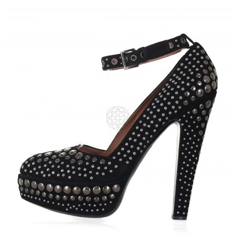 Studded Suede Ankle-Strap Pumps - Black 