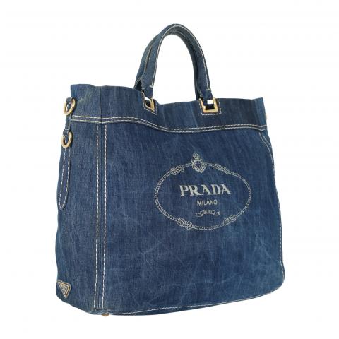 Sell Prada Denim Large Logo Shopping Tote - Dark Blue 