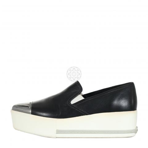 Miu Miu Black Leather Platform sneakere with metal cap toe Miu Miu Metal Cap Toe Tie Bow Black Leather Slip On Sneaker  main image 2