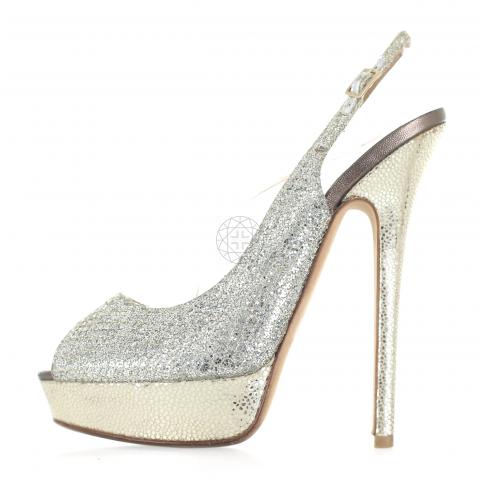 Jimmy Choo Clue Gold Glitter Sparkle Peep Toe Sling Back High Heels Pumps  Shoes Size 9.5 - $100 - From Galore