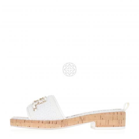 Sell Chanel Tweed With Gold Chain CC Logo Cork Mules - White |  