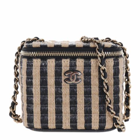 Chanel Classic Vanity Case with Chain Striped Raffia and Jute Mini Neutral  832311