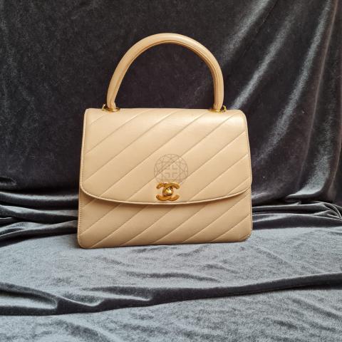 CHANEL Matelasse Round handle wood style Hand Bag White x Brown  eBay