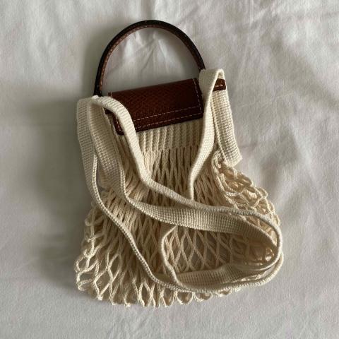 100% Original Longchamp Le Pliage Filet bag (XS) mini Shoulder Bags net bag  woven fishing net single shoulder diagonal bag tote LE PLIAGE FILET Mesh  bag XS Black Beige yellow Pink