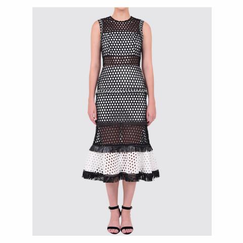 shein black and white maxi dress SHEIN Modely 1pc Women Elegant Knitted Black Contrast Lace Cinched Wai |  Dress main image 0