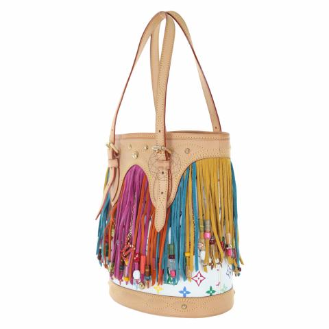 A LIMITED EDITION WHITE MONOGRAM MULTICOLORE CANVAS FRINGE BUCKET BAG, LOUIS  VUITTON