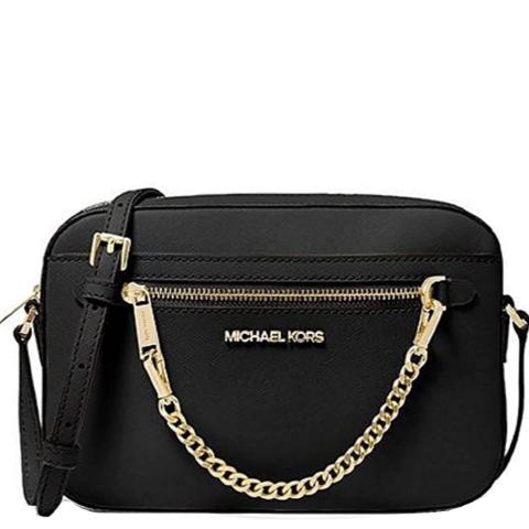 Michael Kors Jet Set Large Zip Chain Crossbody Bag Shoulder Black Leather Gold