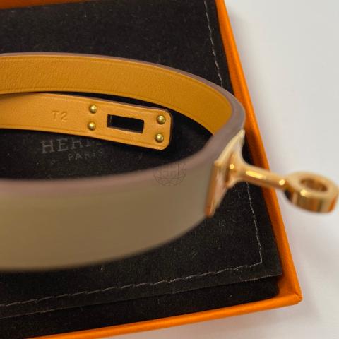 *NEW* Hermes Kelly Double Tour Bracelet Leather Mini Etoupe / Gold Size T2