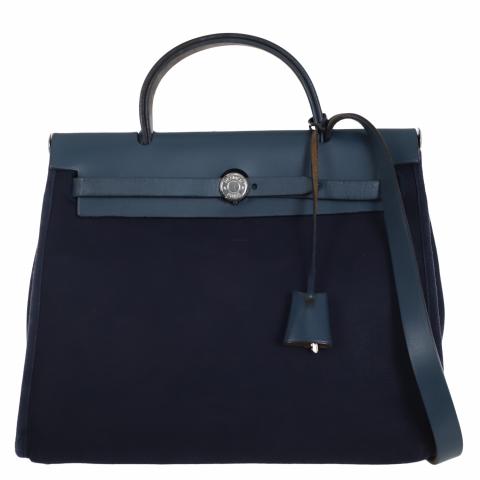 Hermes Navy Blue/Brown Canvas and Leather Herbag Zip 31 Bag at 1stDibs