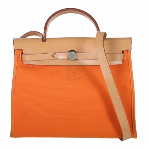 Hermes Orange Poppy/Natural Canvas and Leather Herbag Zip 31 Bag Hermes