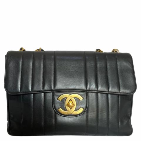 Vintage 90s CHANEL CC Gold Logo Matelasse Classic Flap Quilted Black Leather  / Chain Crossbody Shoulder Evening Bag w Fringe Tassel