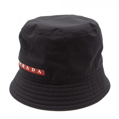 Prada Mens Bucket Hat Black Nylon Red White Rubber Logo Stripe