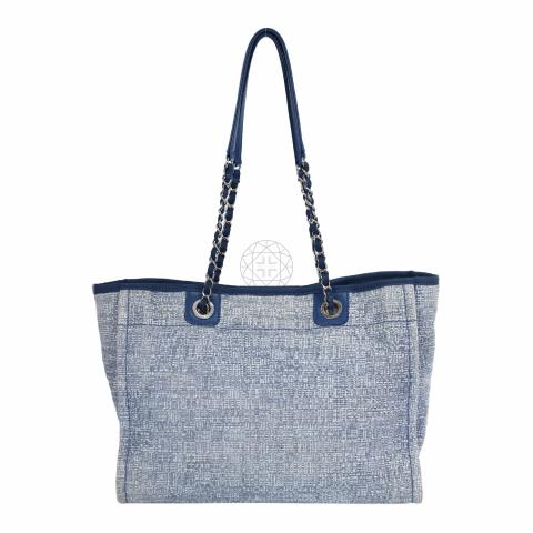 Chanel Blue Cloth Blue Leather Deauville Large Tote Bag