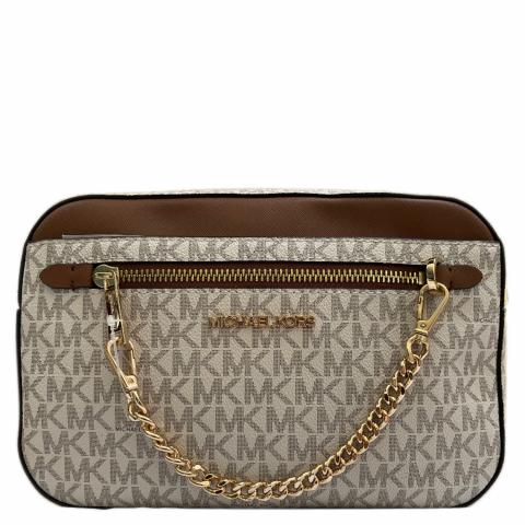 Michael Kors Brown Logo Saffiano Leather Gold Chain Jet Set Small