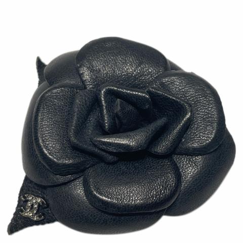 Sell Chanel Leather Rhinestone Logo Camellia Flower Brooch - Black |  