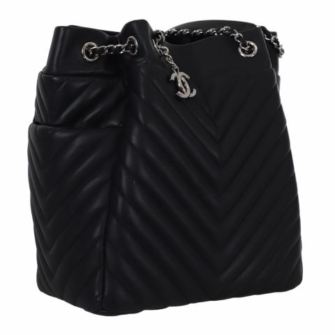 CHANEL, Bags, Chanel Lambskin Chevron Drawstring Bag Black
