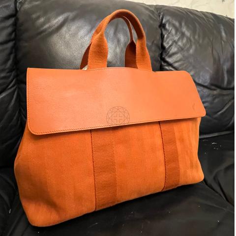 HERMES Canvas Valparaiso GM Silver Button Handle Bag Orange