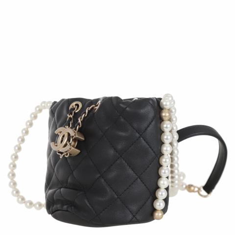 Chanel Mini Drawstring Bag Calfskin Pearl with Gold Metal White - NOBLEMARS
