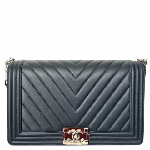 Chanel Small Calfskin Chevron Le Boy Bag Ruthenium Black - NOBLEMARS