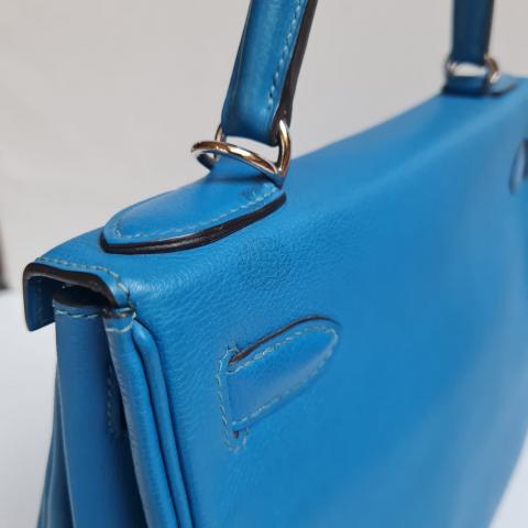 Hermes Kelly 28, Blue Zanzibar Evercolor Leather with Gold Hardware,  Preowned in Dustbag WA001 - Julia Rose Boston