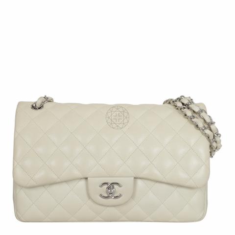 Chanel Quilted Classic Jumbo Double Flap Bag in White Caviar with