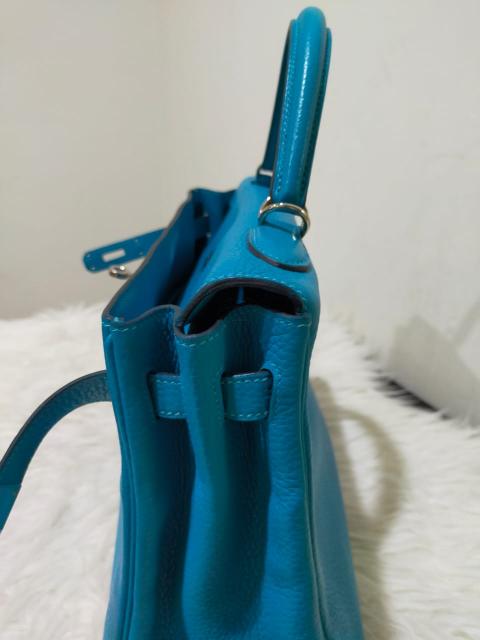 Hermes Kelly bag 32 Retourne Turquoise blue Clemence leather Silver  hardware