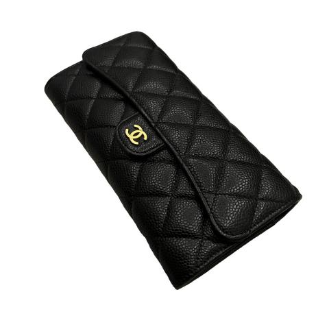 Black Quilted Caviar Long Flap Wallet