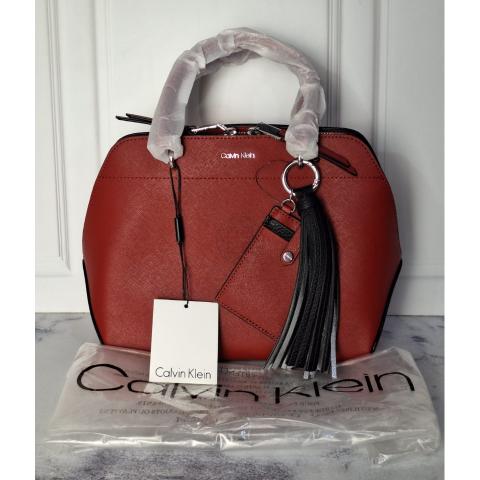 Calvin Klein Bag Signature Dome Satchel Crossbody Purse Size Large Red &  Brown