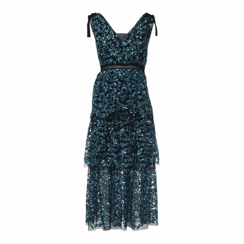 knee length dresses for ladies Long Sleeve Tiered Sequin Mesh Midi Dress  HEYFANCYSTYLE