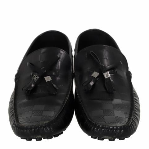 LOUIS VUITTON Leather Damier Loafers Men's Black Shoes Size UK9 ☆ US10  ☆ EU44