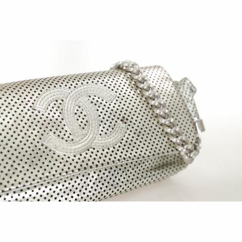 CHANEL Rodeo Drive Perforated Leather Shoulder Bag Metallic Silver