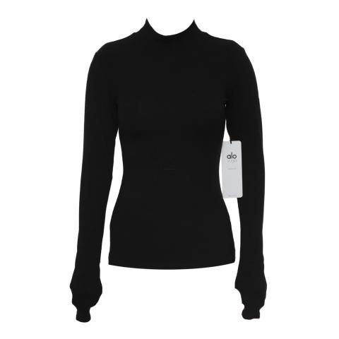 Wellness Rib Mock Neck Long Sleeve Top in Black by Alo Yoga