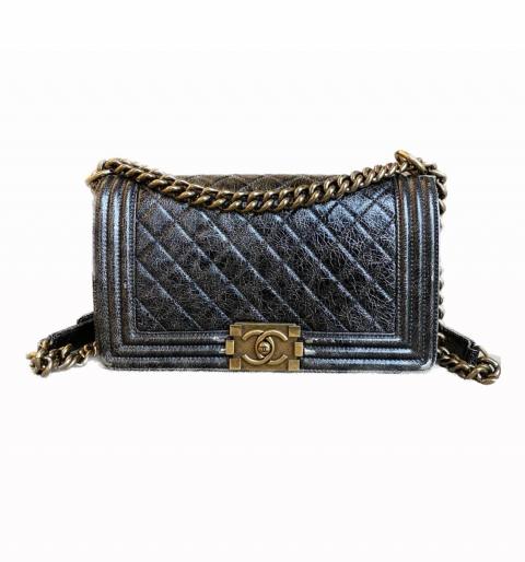 Sell Chanel Boy Medium Black Metallic Cracked Leather Aged - Black 