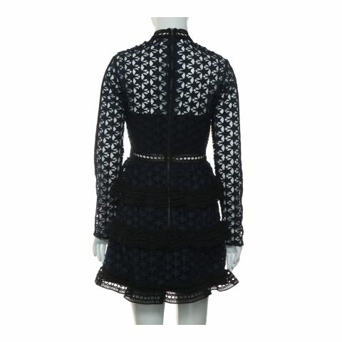 knee length dresses for ladies Self Portrait UK10 Black/Navy Lace Dress with Layered Skirt – FADVault