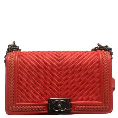 Sell Chanel Boy Medium 25 CM Calfskin Chevron Braided Orange RHW