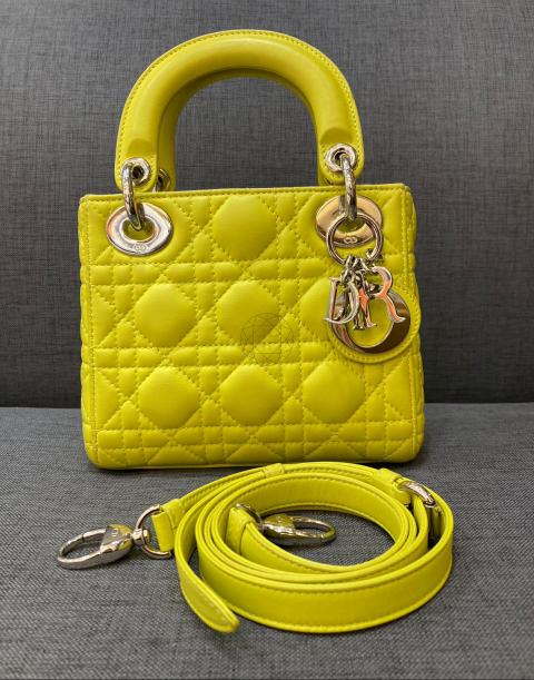【ヴィンテージ】Rank:A☆Dior イエローグリーン ミディアム BAG Christian Dior Lady Dior Tri-Color Medium Lambskin