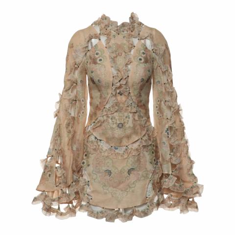 zimmermann laser cut dress Look 25: The Natura Lasercut Halter Dress styled with Zimmermann Orb Earrings and Zimmermann Drew Pump 95 from Spring 24. #NATURA #ZimSpring24 #PFW #zimmermann
